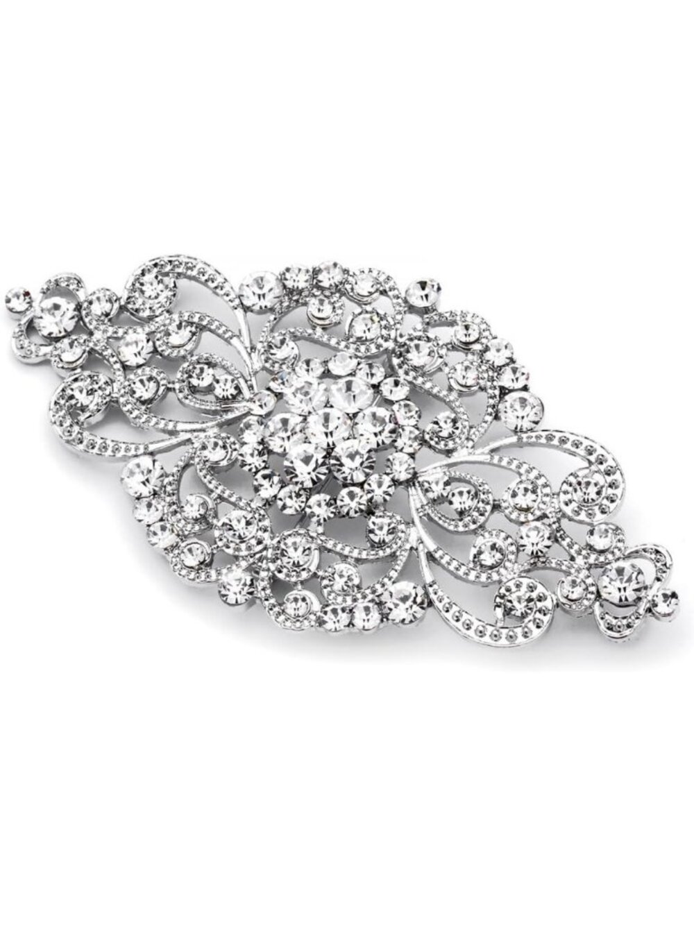 Vintage Crystal Brooch Pin - 4" Antique Silver Wedding Accessory, Rhinestone Art